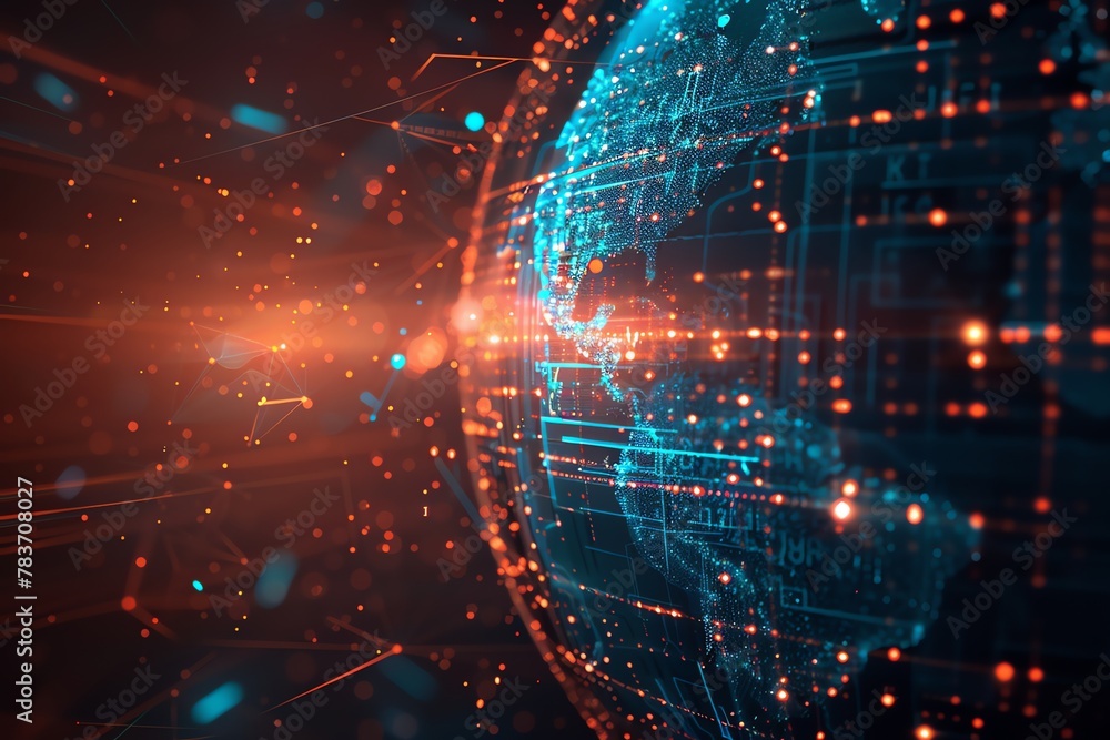 Glowing digital lines and nodes encircle a holographic globe, representing global data connectivity and network Glowing digital lines and nodes encircle a holographic globe, representing global data connectivity and network