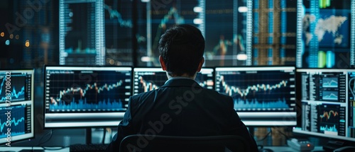 Financial trading data is meticulously analyzed across multiple computer screens in a dark