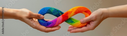 Hands gently hold a rainbow-colored infinity symbol representing concepts such as endless possibilities
