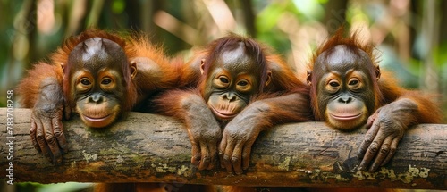 Three young orangutans showing playful expressions while lounging on a log in their natural habitat.