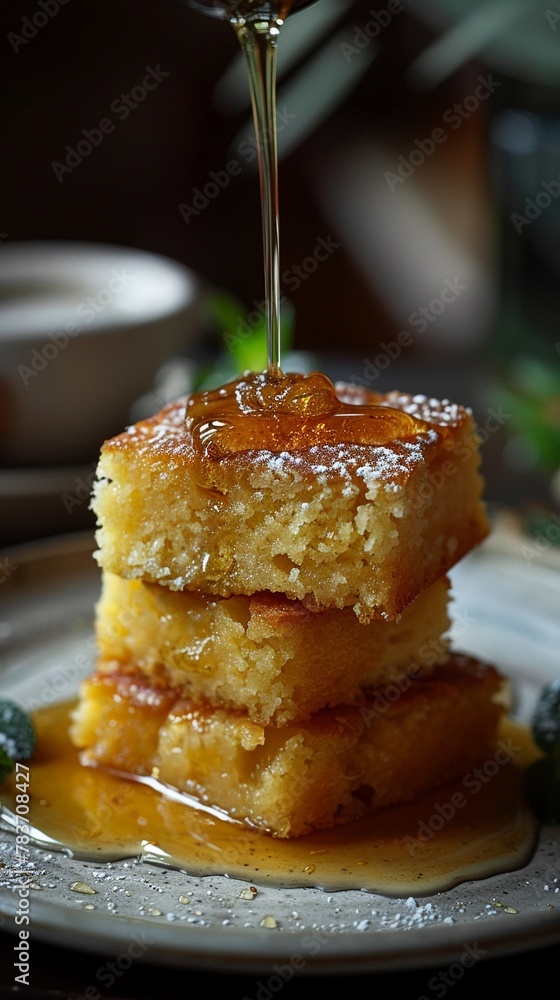 Sorbetaccompanied cornbread with honey glaze,realism Sorbetaccompanied cornbread with honey glaze,realism