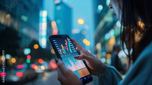 Businesswoman checks stock market data on her phone at night in the city