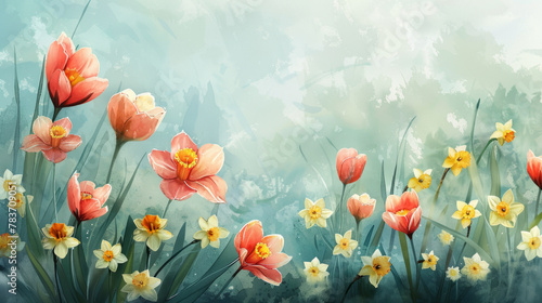 Beautiful spring flower watercolor painting with tulips and daffodils in soft pastel colors #783709051
