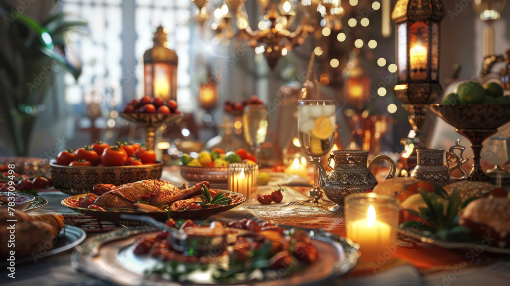 Ramanad concept, iftar, table with arabic lantern lamps, water, dates and delicious arabic food. Generative AI Ramanad concept, iftar, table with arabic lantern lamps, water, dates and delicious arabic food. Generative AI