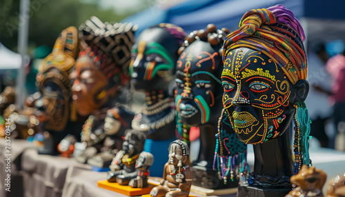 A group of African masks with colorful designs and beads