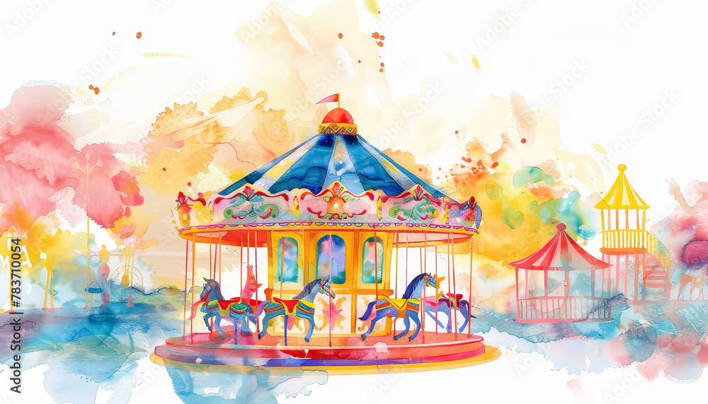 A colorful carousel with a red and white tent