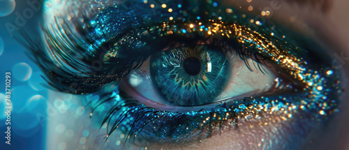 close-up magical sparkling eye makeup with a stunning combination of blue green on the iris complemented by a golden outline with long dark eyelashes