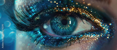 close-up magical sparkling eye makeup with a stunning combination of blue green on the iris complemented by a golden outline with long dark eyelashes created with Generative AI Technology