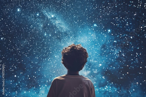 Awe-inspired Boy looking stars. Science astronomy. Generate Ai