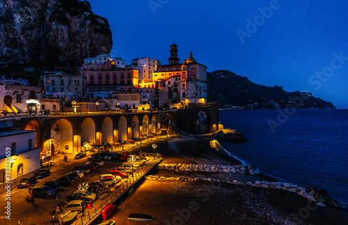 View of the evening Atrani on the Amalfi coast of Italy