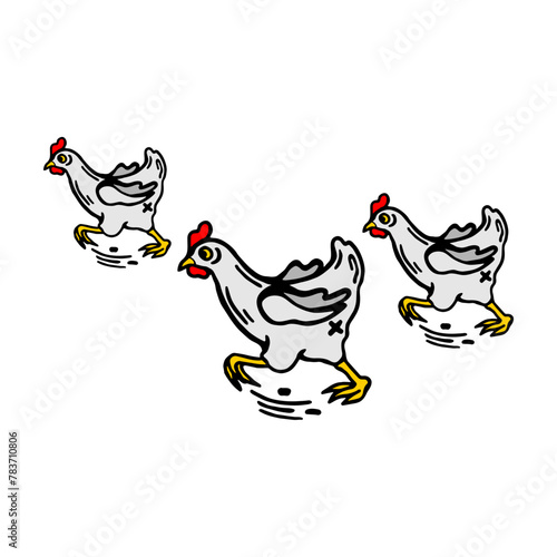 Three chickens are running, isolated on a white background
