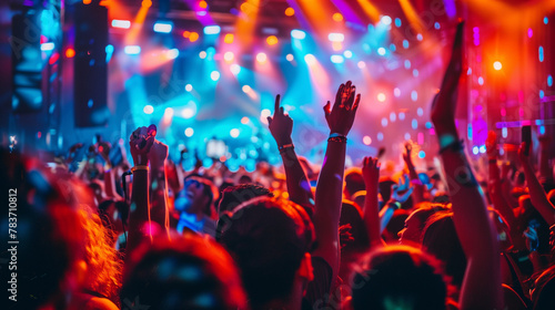 Group of people having fun at music concert. Enjoying great concert. Concert crowd attending a concert, people silhouettes are visible, backlit by stage lights. Raised hands and smart phones. Enjoy.