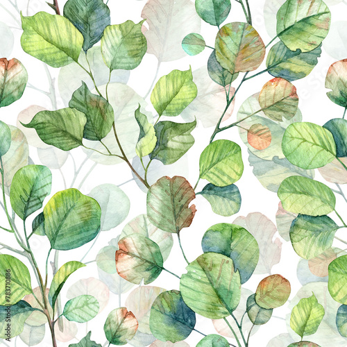 Seamless pattern with hand painted watercolor botany. Green and yellow golden wilted leaves. Square wallpaper design with stems and twigs (ID: 783710886)