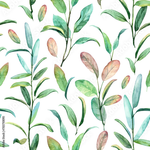Seamless pattern with hand painted watercolor botany. Green and yellow golden wilted leaves. Square wallpaper design with stems and twigs (ID: 783710890)