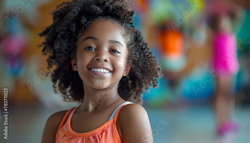 A young girl with curly hair is smiling and wearing an orange tank top