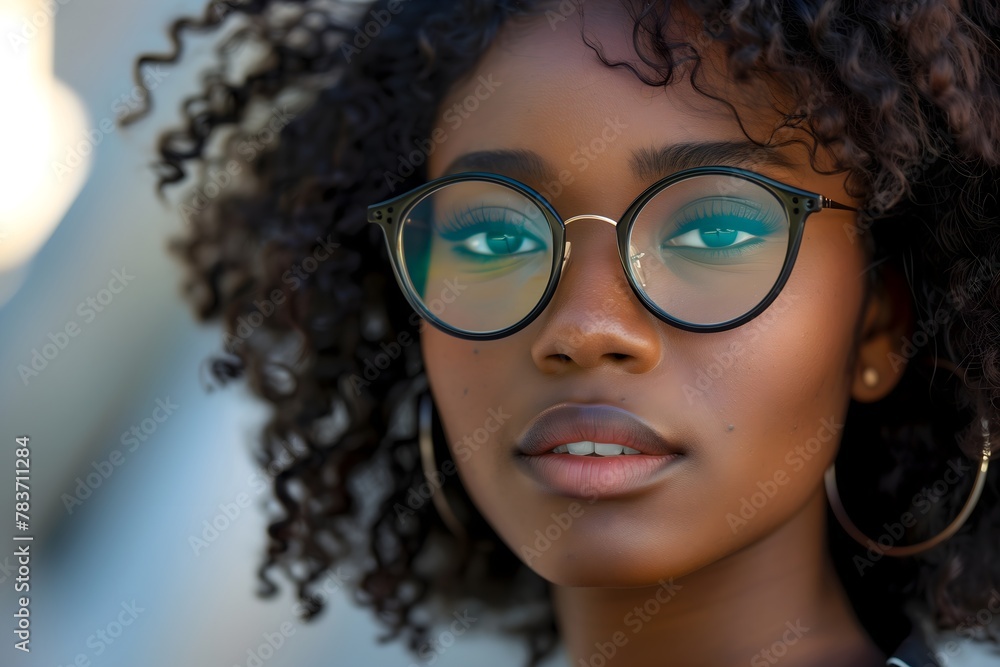 Close-Up of a Young Woman with Curly Hair and Glasses: Intelligent Gaze and Urban Style