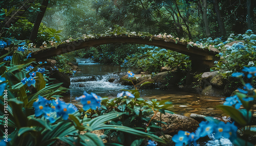 A bridge over a river with a lot of flowers on it