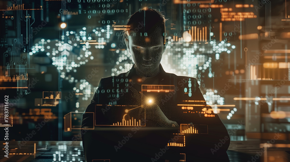 A digital human form analyzing data on futuristic interfaces A digital human form analyzing data on futuristic interfaces