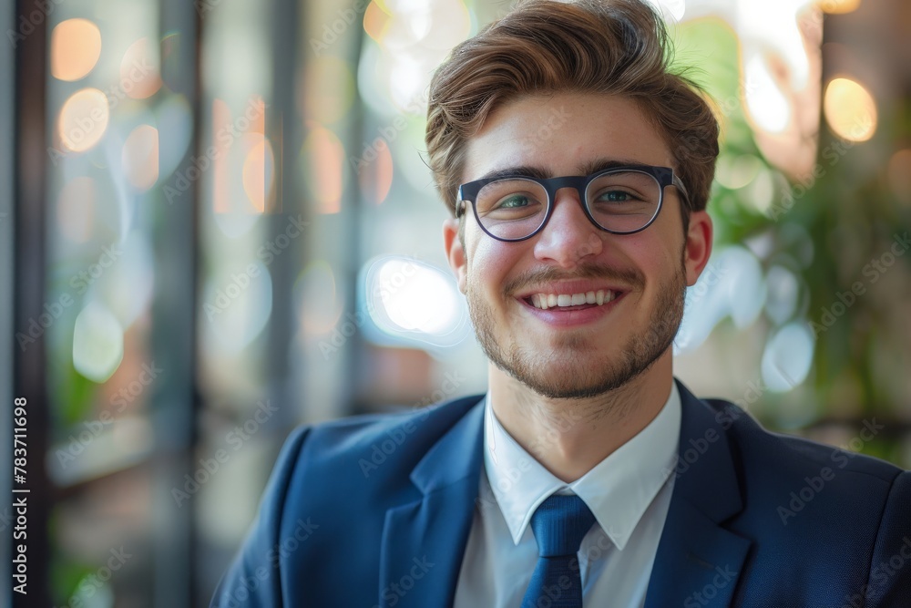 Fototapeta premium Confident Young Man With Beard Wearing Glasses and a White Shirt, Close-Up Portrait. Beautiful simple AI generated image in 4K, unique.