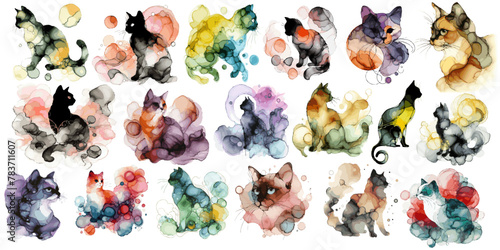 Cats drawn with alcohol ink. Ink drawings. Animal art. Colorful, fluid, vibrant, modern, original, unique mixed media paintings. Feline vector illustration with pen and ink. 