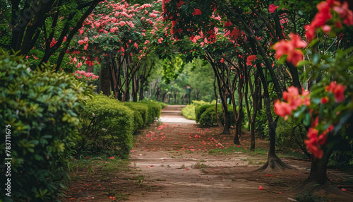 A path through a garden with a lot of red flowers