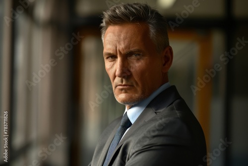 Middle-aged angry man wearing a suit, arrogant, being the best in the world, narcissistic personality disorder. Beautiful simple AI generated image in 4K, unique.