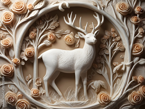 3d art wallpaper abstract of white floral deer decor, colorful deer and white background.
