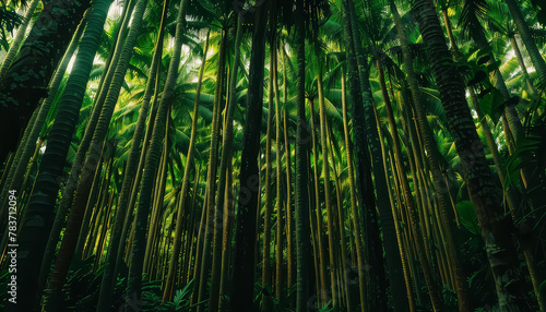 A lush green forest with palm trees and a bright sunny day