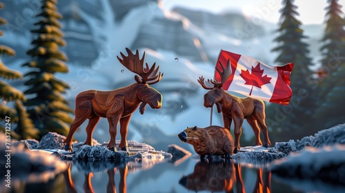 three-dimensional scene of two moose and a beaver between them, the Canadian flag flutters behind the concept of Canadian culture and wildlife
