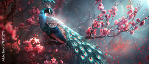 Painting of a beautiful peacock bird with long feathers, blue eyes and a white tail perched surrounded by pink cherry blossom tree branches
