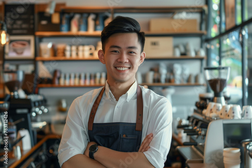 Portrait of smiling small business owner young Asian man in coffee shop. Entrepreneur, SME concept photo