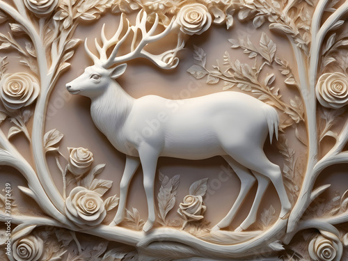 3d art wallpaper abstract of white floral deer decor, colorful deer and white background.
