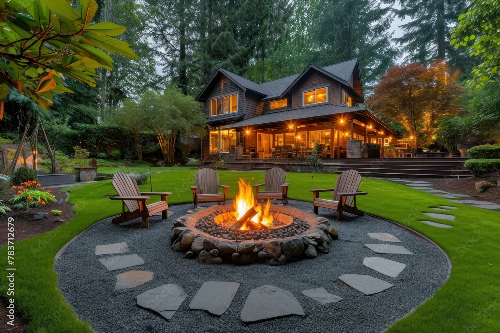 Obraz premium Inviting Fire pit outdoor. Deck night. Generate Ai