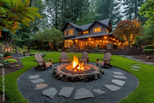 Inviting Fire pit outdoor. Deck night. Generate Ai photo