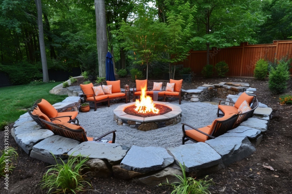 Obraz premium Decorative Fire pit outdoor. Deck night. Generate Ai