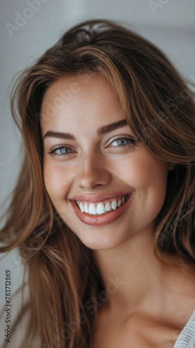 close-up portrait of beautiful blonde woman smiling sweetly showing clean healthy white teeth on clear simple background created with Generative AI Technology