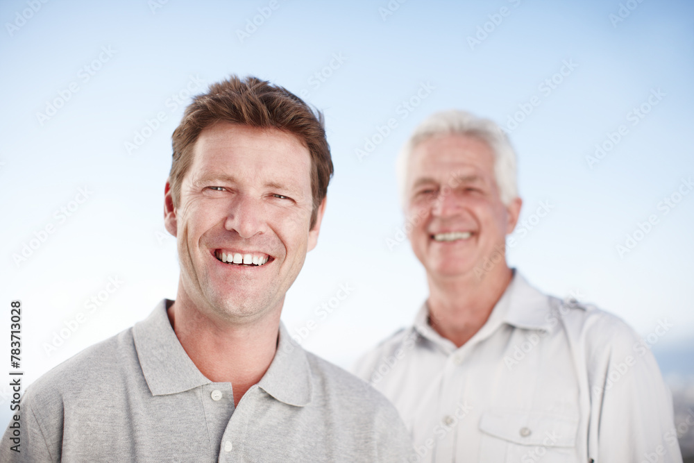 Senior father, man and outdoor for portrait with smile, care and bonding on vacation with summer sky. Elderly dad, son and happy together with nature, sunshine and connection on holiday in Australia Senior father, man and outdoor for portrait with smile, care and bonding on vacation with summer sky. Elderly dad, son and happy together with nature, sunshine and connection on holiday in Australia