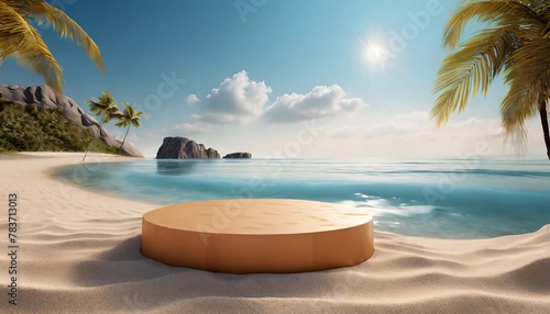 Beach podium summer background sand product 3D sea display platform.