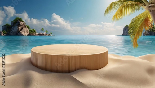 Beach podium summer background sand product 3D sea display platform.