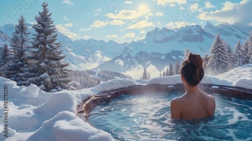 Winter Wonderland Relaxation Woman Enjoying Hot Tub Experience Surrounded by SnowCovered Mountains © VICHIZH