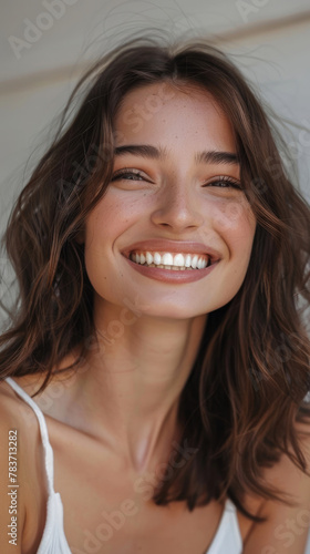 close-up of beautiful smiling teenage woman face showing clean healthy white teeth and beautiful lips on clear pastel color background created with Generative AI Technology