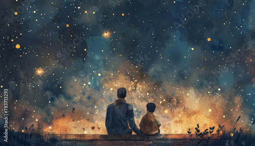 A couple is sitting on a bench looking up at the stars