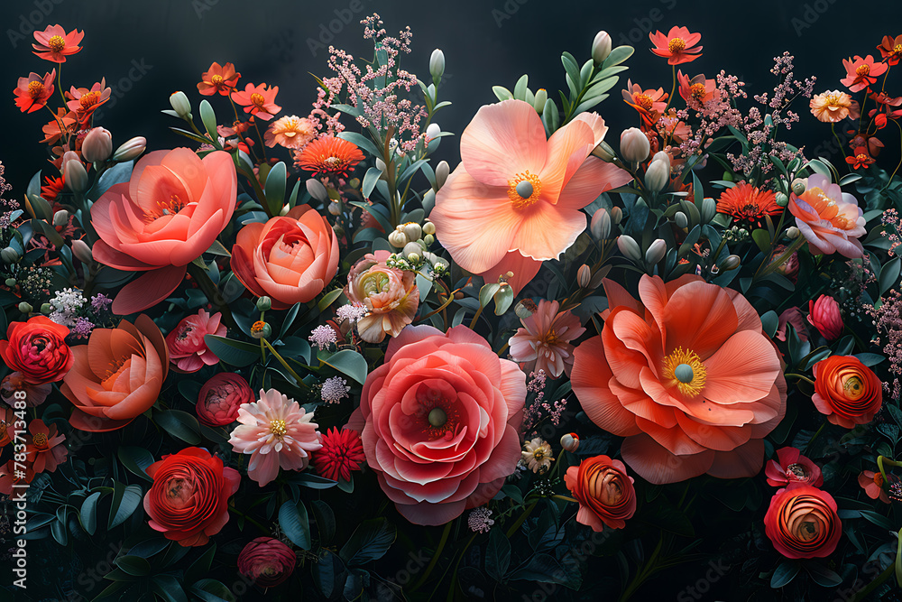 Vibrant floral wallpaper featuring a beautiful arrangement of colorful flowers in full bloom, creating an enchanting and refreshing backdrop for nature-inspired designs and elegant spaces	
