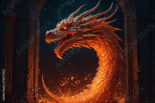 A dragon with red scales and glowing eyes is shown in a dark room © SynchR