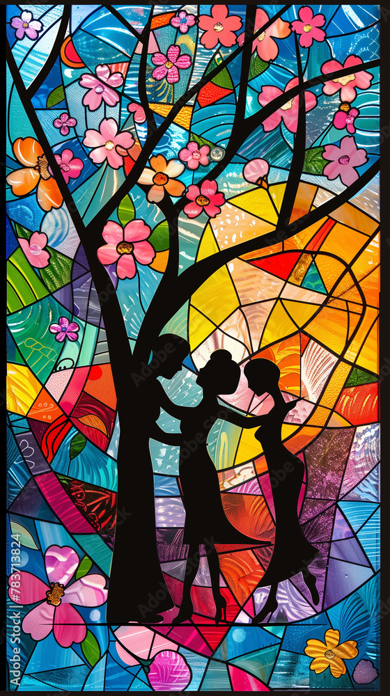 Pop art stained glass window, girls & cherry blossoms. Spring vibes. Mother Nature. nature-inspired abstract.