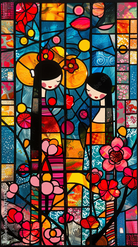 Fototapeta premium Pop art stained glass window, dancing girls & cherry blossoms. Spring vibes. abstract background