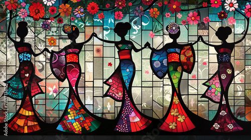  Pop art stained glass window  dancing girls   cherry blossoms. Spring vibes. abstract background