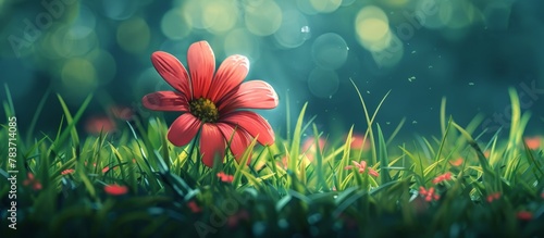 Single vibrant flower stands out in the green grass, captured in a detailed macro shot with a beautifully blurred background