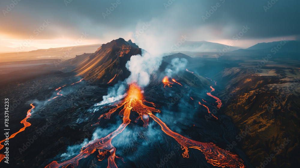 Fototapeta premium Aerial view of an active volcano erupting with flowing lava and smoke against a dramatic landscape. Aerial shot looking directly down on a river of lava. Lava Flows on active volcano aerial view. 