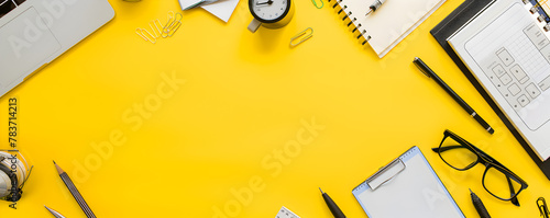 Office desk with sales tools web banner. Office desk equipped with sales tools isolated on yellow background with copy space.